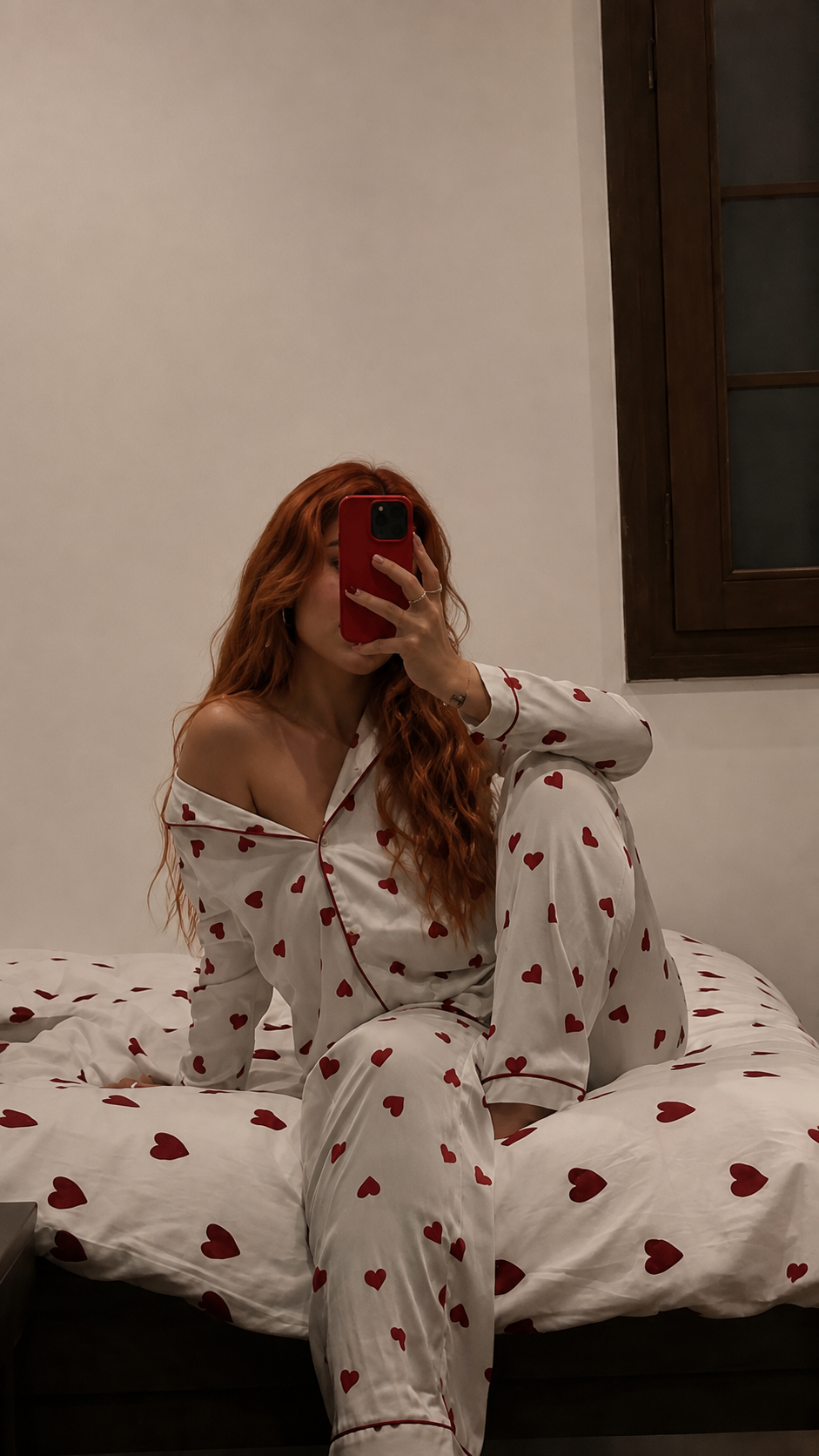 Alessia in einem weißen Pyjama mit roten Herzen